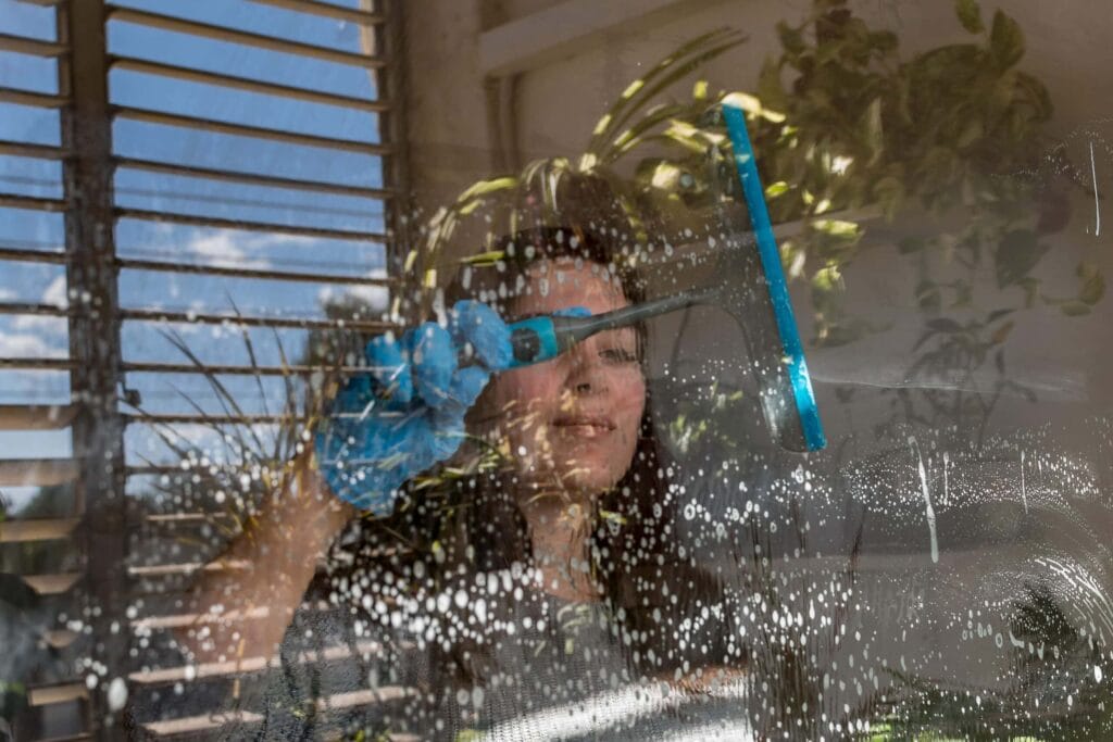 closeup shot from the outside of a female washing a window